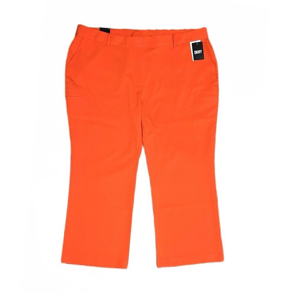 DKNY Women's Wide Leg Pants Orange Full Length Side Slash Welt Pockets Size 24W‎